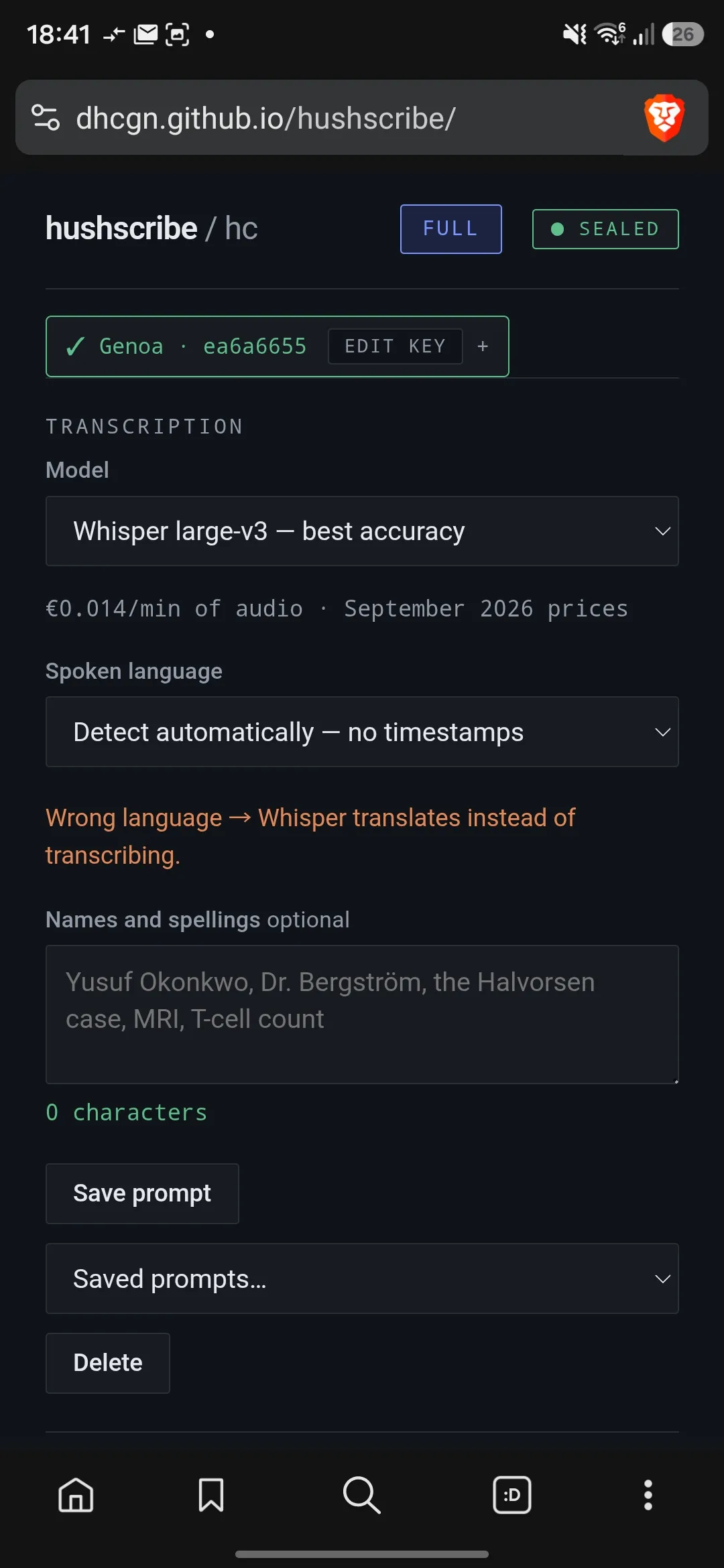 hushscribe on Android in compact view