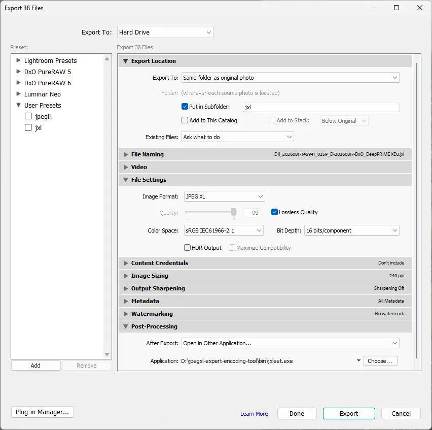 Lightroom handing exports to jxleet