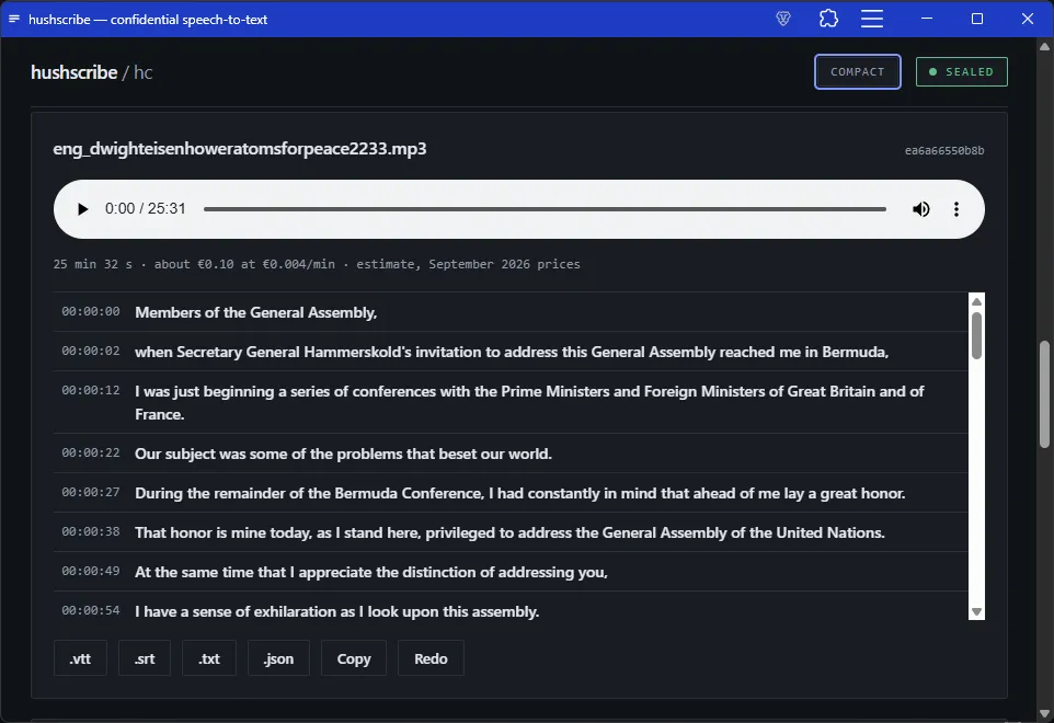 Finished transcript with player and export buttons